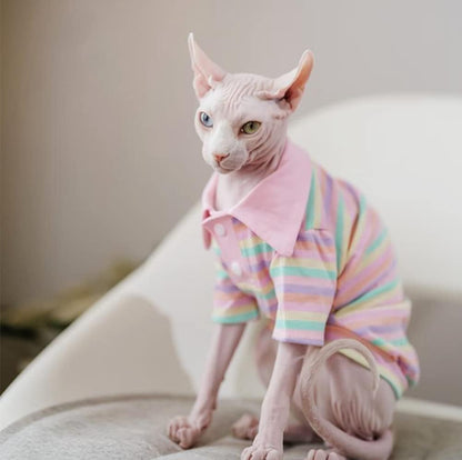 Hairless Cat Clothes - Spring Summer Cotton Polo T-Shirt Stripe Print Long Sleeve Pullover Jumpsuits Breathable Stretch Pajamas for Sphynx, Cornish Rex, Devon Rex, Peterbald (L,Pink)