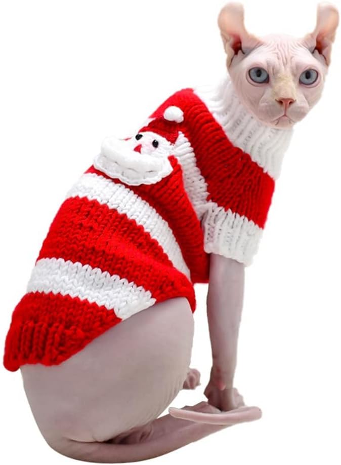 Hairless Cats Clothes with Santa Claus Pattern,Turtleneck Stripe Sweater for Cat, Hand Knitting Vest Shirt Pajamas Jumpsuit for Sphynx, Cornish Rex, Devon Rex, Peterbald (XS,Green)