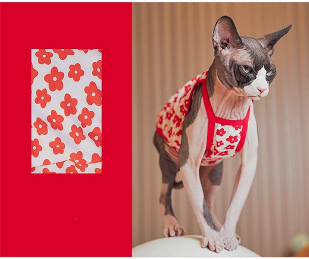 Sphynx Cat Clothes Breathable Summer Cotton Thin Camisole Sleeveless Shirt with Flower Print Strap Pullover Tank Tops Pajamas for Hairless Cats, Sphynx,Cornish Rex,Devon Rex,Peterbald (L,Red)