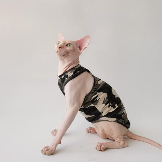 Sphynx Cat Clothes - Camouflage Shirts Breathable Summer Cotton Sleeveless Cat Wear Clothes Vest Pajamas for Cats and Small Dogs Apparel for Sphynx, Cornish Rex, Devon Rex, Peterbald (XS)