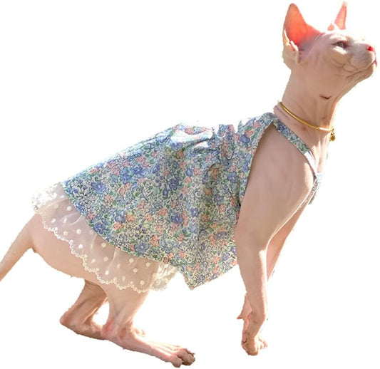 Hairless Cat Clothes - Breathable Summer Cotton Sundress with Floral Lace Decor Camisole Skirt Elegant Girly Vest Soft Strap Tank Top for Sphynx, Cornish Rex, Devon Rex, Peterbald (XXL,Blue)