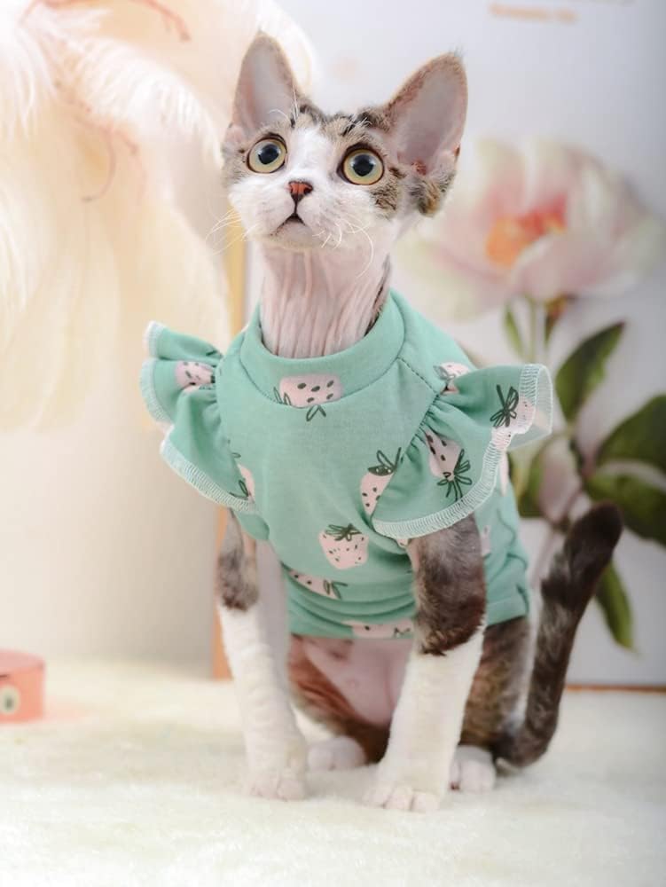 Hairless Cats Clothes, Summer Cotton Round Collar Dress T-Shirt Pet Clothes,Cats & Small Dogs Apparel,Thin Cat Wear Pullover Vest for Sphynx, Cornish Rex, Devon Rex, Peterbald (L,Green)