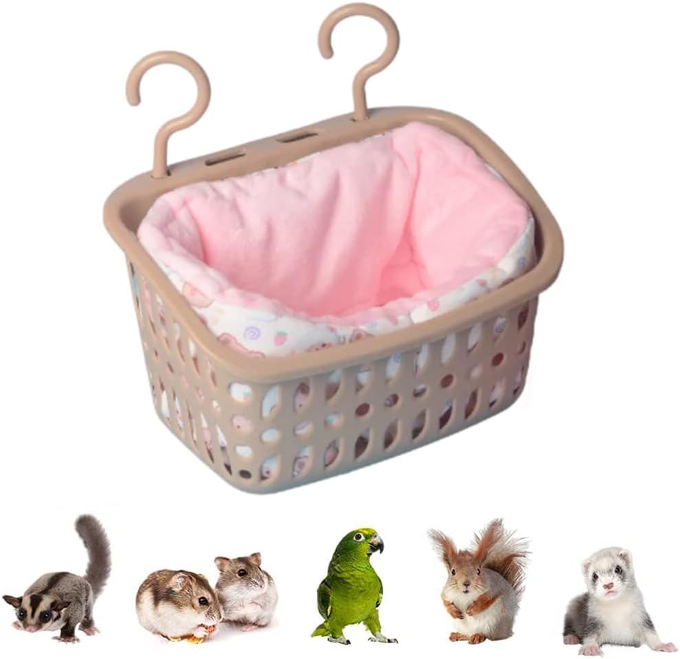 Sugar Glider Hanging Basket Bed with Removable Cushion and Blanket, Fancy Mouse Rat Habitats and Accessories for for Hamster, Sugar Glider, Rat (Pink)