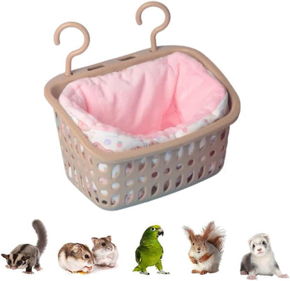 Sugar Glider Hanging Basket Bed with Removable Cushion and Blanket, Fancy Mouse Rat Habitats and Accessories for for Hamster, Sugar Glider, Rat (Pink)