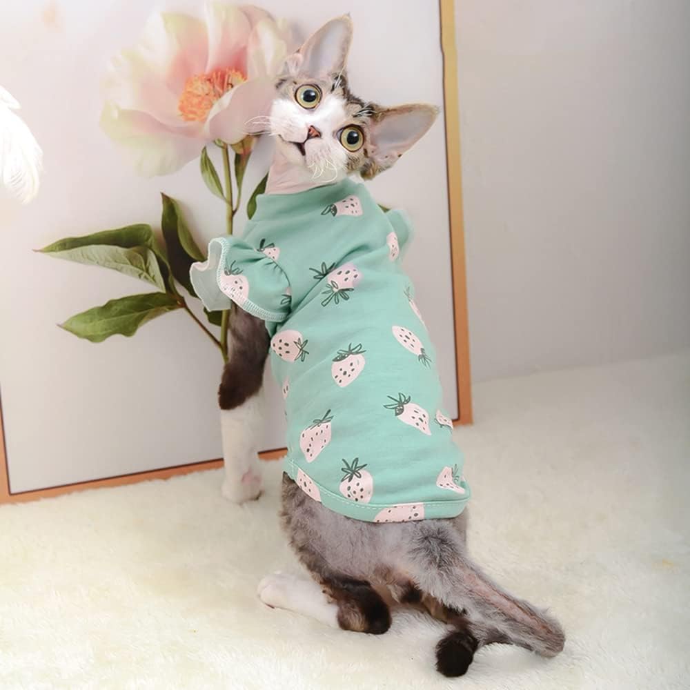 Hairless Cats Clothes, Summer Cotton Round Collar Dress T-Shirt Pet Clothes,Cats & Small Dogs Apparel,Thin Cat Wear Pullover Vest for Sphynx, Cornish Rex, Devon Rex, Peterbald (L,Green)