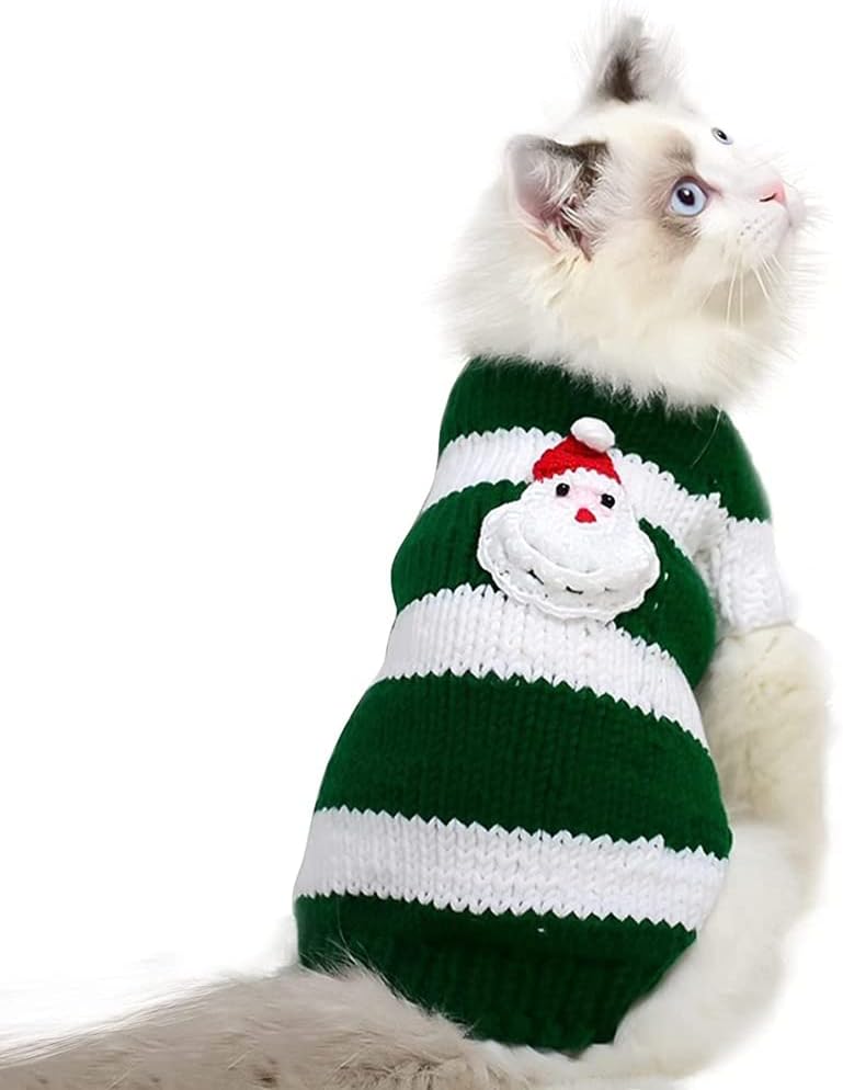 Hairless Cats Clothes with Santa Claus Pattern,Turtleneck Stripe Sweater for Cat, Hand Knitting Vest Shirt Pajamas Jumpsuit for Sphynx, Cornish Rex, Devon Rex, Peterbald (XS,Green)