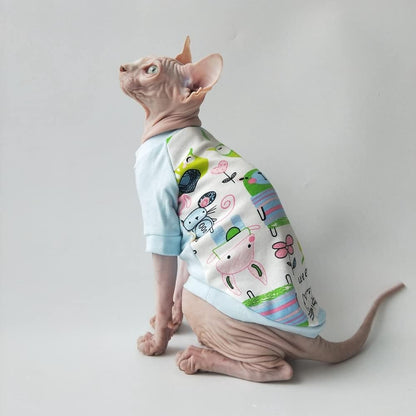 Hairlless Cat Clothes Breathable Summer Cotton Animal Print T-Shirt Cat Wear Clothes Vest Pajamas for Cats and Small Dogs Apparel for Sphynx, Cornish Rex, Devon Rex, Peterbald (S,Pink)