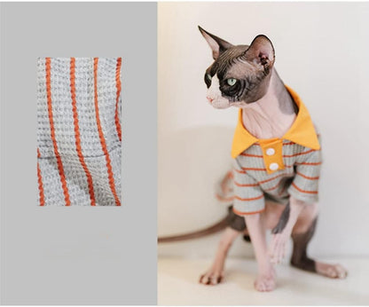 Hairless Cat Clothes Cotton Polo T-Shirt Stripe Print Pullover Jumpsuits Pajamas for Sphynx Cornish Rex Devon Rex Peterbald