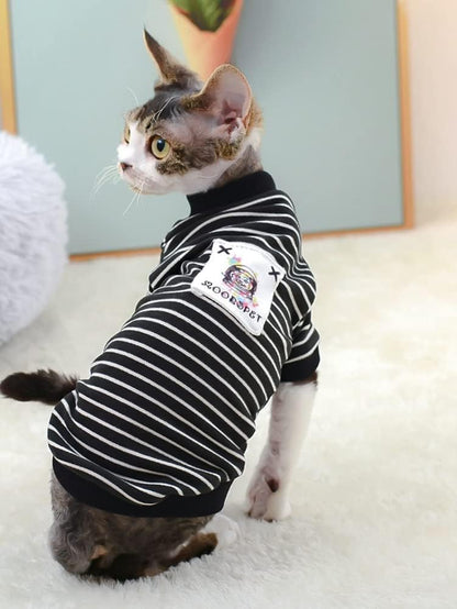 Sphynx Cat Clothes Breathable Summer Cotton Black Strips T-Shirts Round Collar Cat Wear Clothes Vest Pajamas Hairless Cats Dogs Apparel for Sphynx, Cornish Rex, Devon Rex, Peterbald (XS)