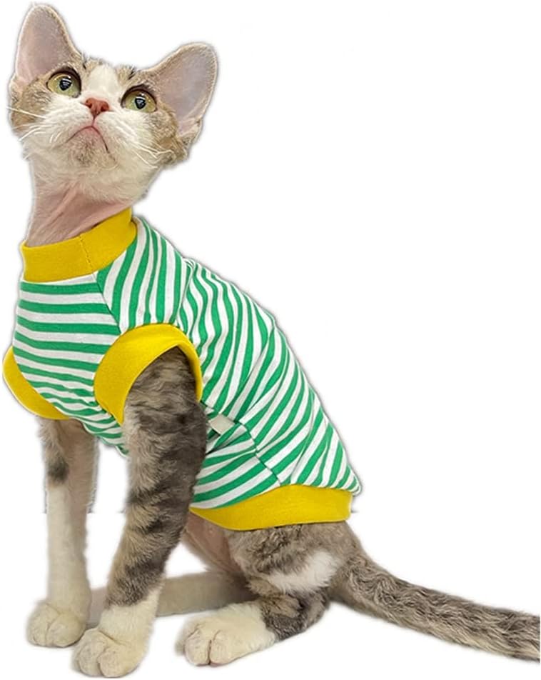 Hairless Cat Clothes Breathable Summer Cotton Elastic Stripe T Shirts with Round Collar Cat Clothes Vest Pajamas Cat Apparel for Sphynx, Cornish Rex, Devon Rex, Peterbald (XXL+,Green)