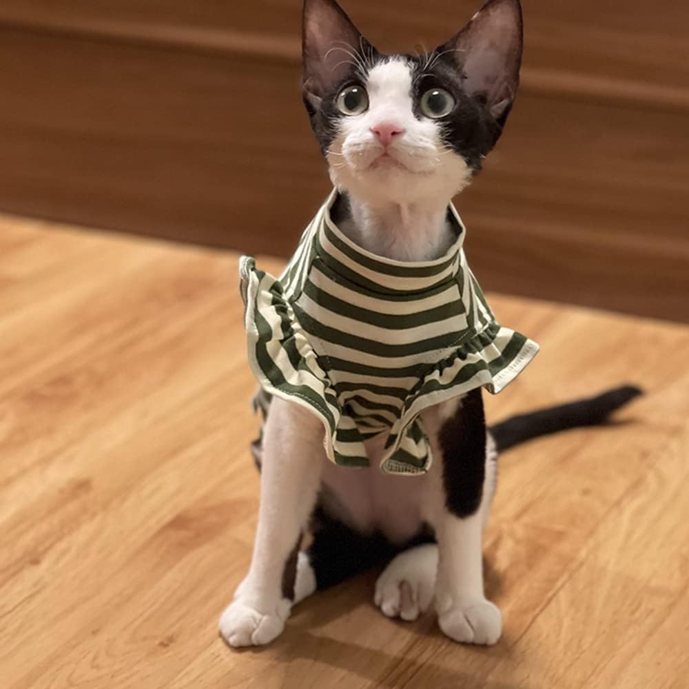 Sphynx Cat Clothes Breathable Summer Cotton Strip T-Shirts Round Collar Cat Wear Clothes Vest Pajamas for Cats and Small Dogs Apparel for Sphynx, Cornish Rex, Devon Rex, Peterbald (XXL,Green)