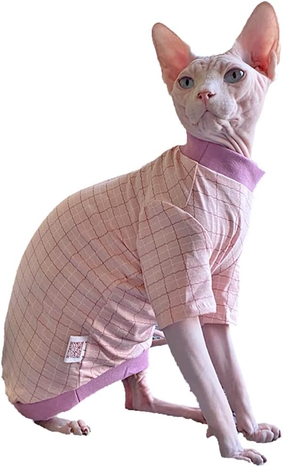 Hairless Cat Clothes Spring Fall Cotton Long Sleeve Turtleneck T-Shirt Striped Grid Print Vest Stretch Jumpsuits Pullover Comfort Pajamas for Sphynx,Cornish Rex, Devon Rex, Peterbald (L,Pink)