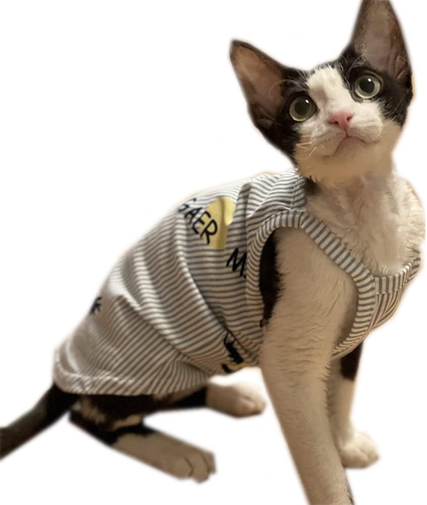 Sphynx Cat Clothes Summer Thin Cotton Stripe Shirt Breathable Strap Sleeveless Tank Tops Pullover Pajamas Camisole for Hairless Cats, Sphynx,Cornish Rex,Devon Rex,Peterbald (L,Camisole) (XXL)