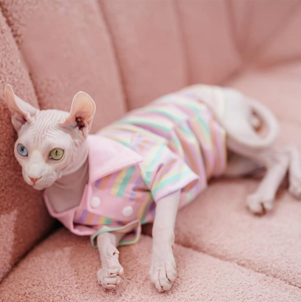 Hairless Cat Clothes - Spring Summer Cotton Polo T-Shirt Stripe Print Long Sleeve Pullover Jumpsuits Breathable Stretch Pajamas for Sphynx, Cornish Rex, Devon Rex, Peterbald (L,Pink)