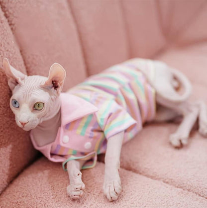 Hairless Cat Clothes - Spring Summer Cotton Polo T-Shirt Stripe Print Long Sleeve Pullover Jumpsuits Breathable Stretch Pajamas for Sphynx, Cornish Rex, Devon Rex, Peterbald (L,Pink)