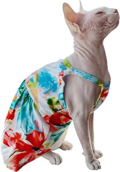 Hairless Cat Clothes Summer Breathable Floral Spaghetti Strap Casual Dress Elegant Sleeveless Girly Skirt,Soft Cotton Beach Dress for Sphynx, Cornish Rex, Devon Rex, Peterbald (M)