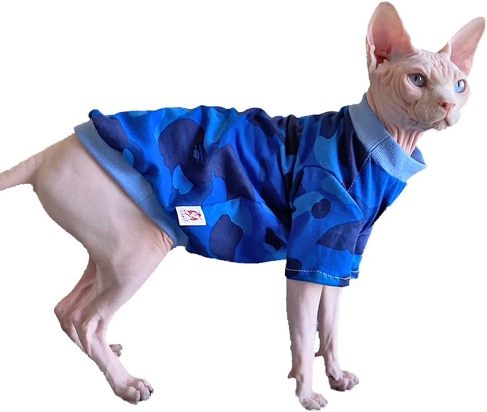 Hairless Cat Clothes Spring Fall Cotton Long Sleeve Turtleneck T-Shirt Camouflage Print Vest Stretch Jumpsuits Pullover Comfort Pajamas for Sphynx,Cornish Rex, Devon Rex, Peterbald (M,Green)