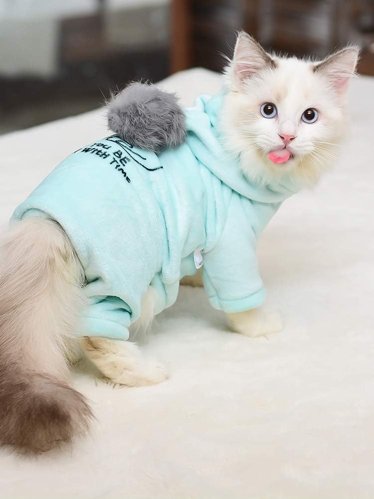 Hairless Cat Clothes, Four Leg Cotton Hoodie Sweater Cat Pajamas, Suitable for Sphynx,Cornish Rex, Devon Rex, Peterbald and Various Sizes of Hairless Cat Clothes (S,Blue)