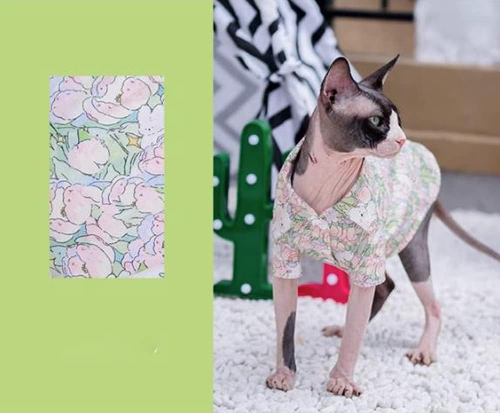 Hairless Cat Clothes - Summer Cotton Breathable T-Shirts Button Closure Turn Down Collar Stretch Jumpsuits Pullover Pajamas Cat Apparel for Sphynx, Cornish Rex, Devon Rex, Peterbald (S+,Pink)