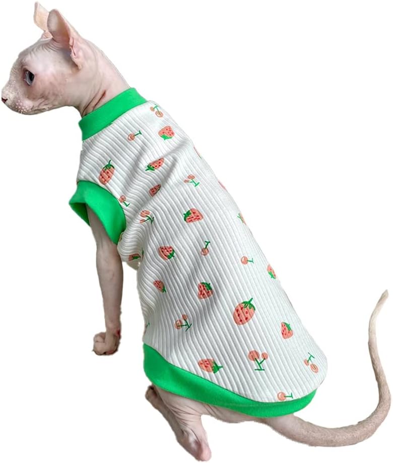 Sphynx Cat Clothes Breathable Summer Cotton Elastic T-Shirts with Strawberry Print Cat Wear Clothes Vest Pajamas Hairless Cat Apparel for Sphynx, Cornish Rex, Devon Rex, Peterbald? (XL+)