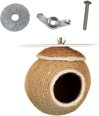 Sugar Glider House Natural Coconut Shell Hemp Rope Hut Hide Out Nest for Sugar Glider Hamster Squirrel Bird Parakeet,Cage Habitats Decor, Bird Cage Toy (Screw Fixed)