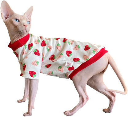 Hairless Cat Clothes Spring Fall Cotton Long Sleeve Turtleneck T-Shirt Strawberry Print Vest Stretch Jumpsuits Pullover Comfort Pajamas for Sphynx,Cornish Rex, Devon Rex, Peterbald (S)