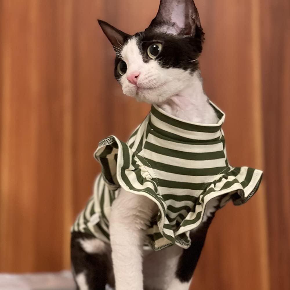 Sphynx Cat Clothes Breathable Summer Cotton Strip T-Shirts Round Collar Cat Wear Clothes Vest Pajamas for Cats and Small Dogs Apparel for Sphynx, Cornish Rex, Devon Rex, Peterbald (XXL,Green)