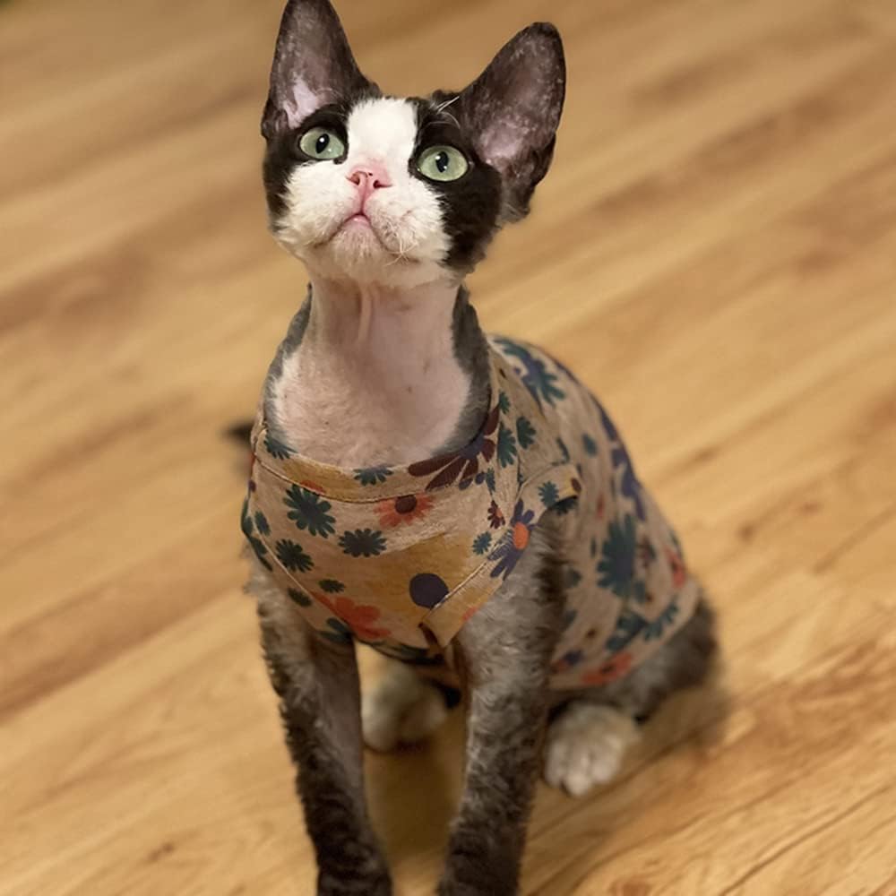 Hairless Cats Clothes Summer Thin Cotton Vest Breathable Soft Floral Print Pullover Tank Tops Sleeveless Shirt Cat Apparel Pajamas for Sphynx,Cornish Rex, Devon Rex, Peterbald (XXXL,Brown)