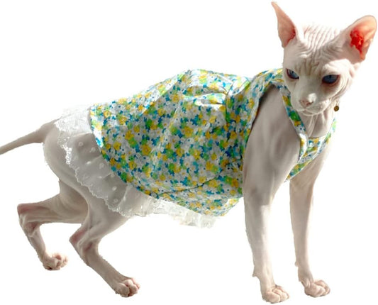 Hairless Cat Clothes - Breathable Summer Cotton Sundress with Lace Decor Camisole Skirt Elegant Romantic Girly Vest Soft Strap Tank Tops for Sphynx, Cornish Rex, Devon Rex, Peterbald (M,Yellow)