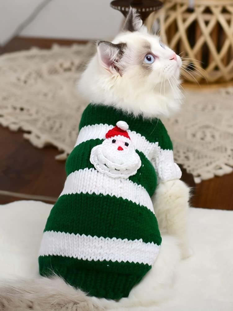 Hairless Cats Clothes with Santa Claus Pattern,Turtleneck Stripe Sweater for Cat, Hand Knitting Vest Shirt Pajamas Jumpsuit for Sphynx, Cornish Rex, Devon Rex, Peterbald (XS,Green)