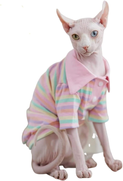 Hairless Cat Clothes - Spring Summer Cotton Polo T-Shirt Stripe Print Long Sleeve Pullover Jumpsuits Breathable Stretch Pajamas for Sphynx, Cornish Rex, Devon Rex, Peterbald (L,Pink)