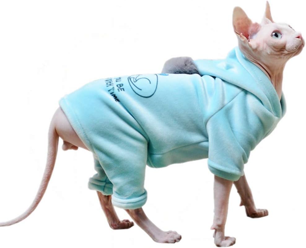 Hairless Cat Clothes, Four Leg Cotton Hoodie Sweater Cat Pajamas, Suitable for Sphynx,Cornish Rex, Devon Rex, Peterbald and Various Sizes of Hairless Cat Clothes (S,Blue)