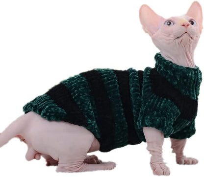 Hairless Cat Clothes, Turtleneck Cotton Knitted Striped Sweater, Suitable for Sphynx,Cornish Rex, Devon Rex, Peterbald and Various Sizes of Hairless Cat Clothes (M, Grass Green)