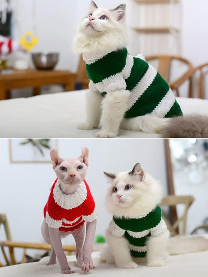 Hairless Cats Clothes with Santa Claus Pattern,Turtleneck Stripe Sweater for Cat, Hand Knitting Vest Shirt Pajamas Jumpsuit for Sphynx, Cornish Rex, Devon Rex, Peterbald (XS,Green)