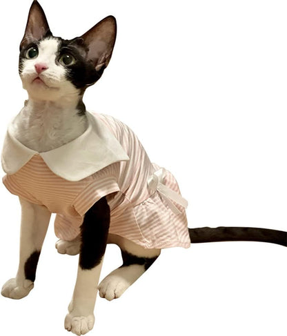 Sphynx Cat Clothes Navy Style Sailor Fashion Cat's Dress Shirts Kitten Shirts Comfort Breathable Spring Summer Girly Skirt Cat Apparel for Sphinx, Cornish Rex, Devon Rex, Peterbald (M,Pink)