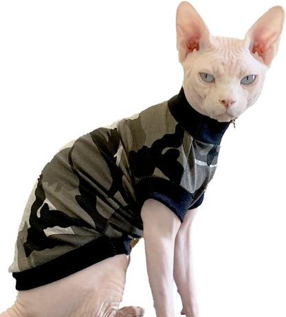 Hairless Cat Clothes Breathable Summer Cotton Turtleneck T-Shirt Vest Stretch Camouflage Short Sleeve Tank Tops Pajamas Jumpsuits Pullover for Sphynx,Cornish Rex, Devon Rex, Peterbald (XS)