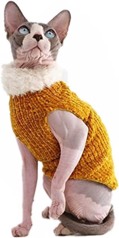 Hairless Cat Clothes, Turtleneck Winter Warm Faux Fur Sweater Outfit, Fashion High Collar Coat Pajamas Jumpsuit Clothes for Sphynx, Cornish Rex, Devon Rex, Peterbald, Hairless Cats (M,Red)