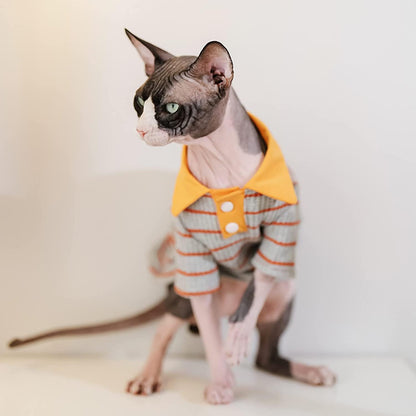 Hairless Cat Clothes Cotton Polo T-Shirt Stripe Print Pullover Jumpsuits Pajamas for Sphynx Cornish Rex Devon Rex Peterbald