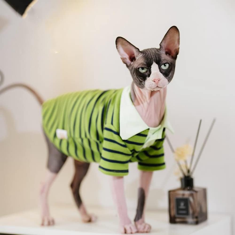 Hairless Cat Clothes - Spring Autumn Cotton Long Sleeve Polo T-Shirt Stripe Print Pullover Stretch Jumpsuits Breathable Pajamas for Sphynx, Cornish Rex, Devon Rex, Peterbald (XS,Green)