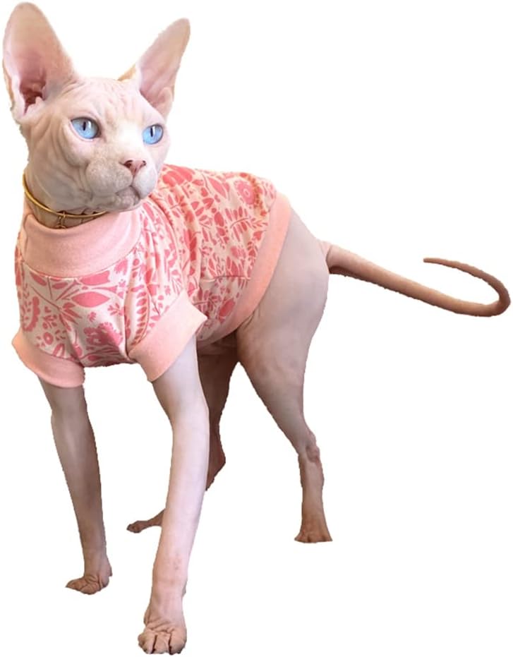 Hairless Cat Clothes Cotton Turtleneck T-Shirt Vest Flower Print Pullover Pajamas for Sphynx Cornish Rex Devon Rex Peterbald