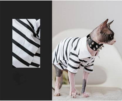 Hairless Cat Clothes - Spring Autumn Cotton Polo T-Shirt Long Sleeve Stripe Print Pullover Stretch Jumpsuits Breathable Pajamas for Sphynx, Cornish Rex, Devon Rex, Peterbald (S,Black)