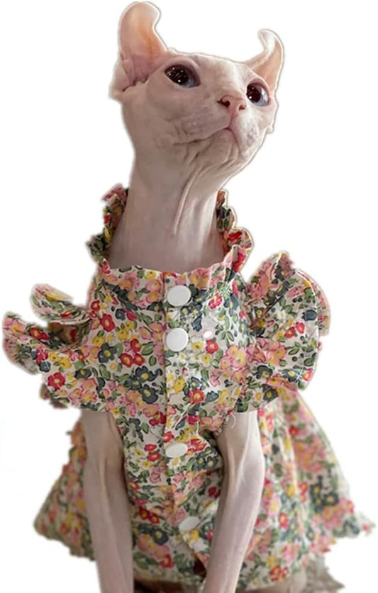 Hairless Cat Clothes - Breathable Summer Cotton Puff Sleeve Floral Dress Romantic Girly Skirt Elegant Soft Princess Dress for Sphynx, Cornish Rex, Devon Rex, Peterbald Cat (L-,Floral)