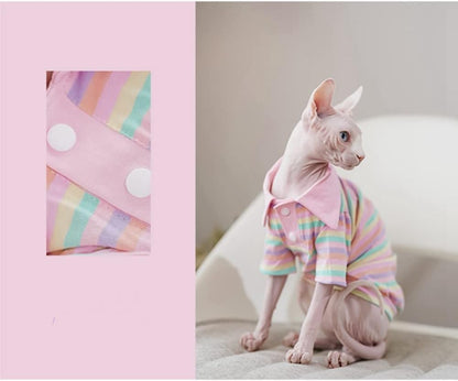 Hairless Cat Clothes - Spring Summer Cotton Polo T-Shirt Stripe Print Long Sleeve Pullover Jumpsuits Breathable Stretch Pajamas for Sphynx, Cornish Rex, Devon Rex, Peterbald (L,Pink)