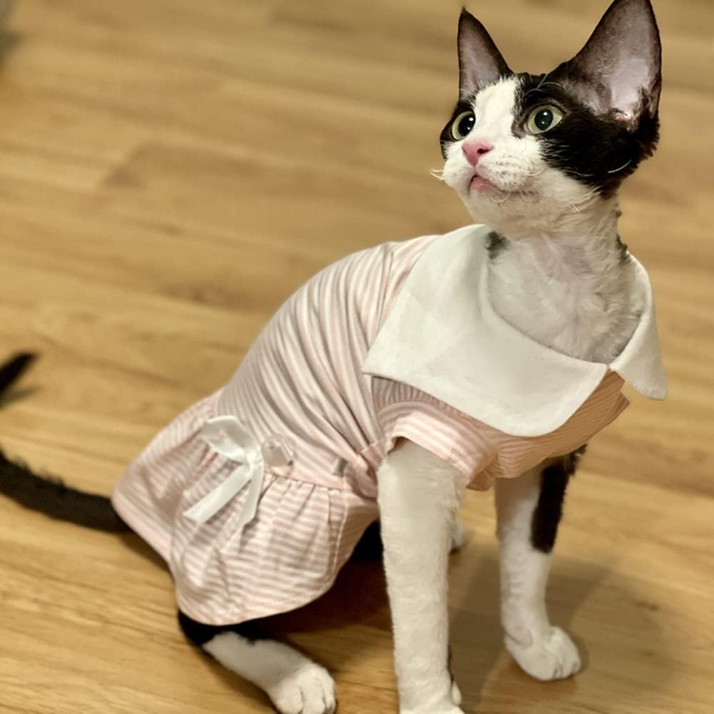 Sphynx Cat Clothes Navy Style Sailor Fashion Cat's Dress Shirts Kitten Shirts Comfort Breathable Spring Summer Girly Skirt Cat Apparel for Sphinx, Cornish Rex, Devon Rex, Peterbald (M,Pink)