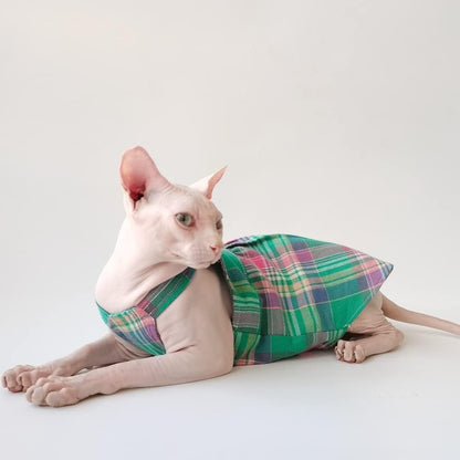 Hairless Cat Clothes - Summer Breathable Plaid Buckle Suspender Skirt Elegant Sleeveless Girly Dress,Soft Cotton Vest Princess Dress for Sphynx, Cornish Rex, Devon Rex, Peterbald (L)