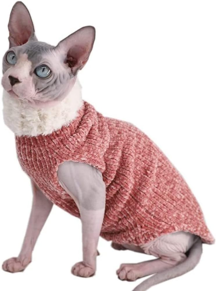 Hairless Cat Clothes, Turtleneck Winter Warm Faux Fur Sweater Outfit, Fashion High Collar Coat Pajamas Jumpsuit Clothes for Sphynx, Cornish Rex, Devon Rex, Peterbald, Hairless Cats (M,Red)