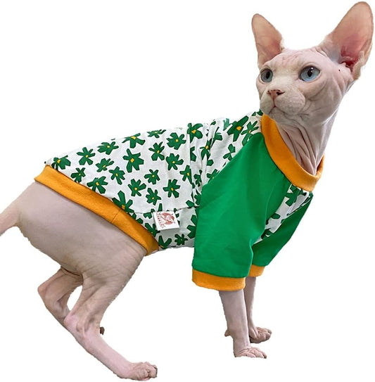 Hairless Cat Clothes Spring Autumn Cotton Long Sleeve Turtleneck T-Shirt Floral Print Vest Stretch Jumpsuits Pullover Comfort Pajamas for Sphynx,Cornish Rex, Devon Rex, Peterbald (M)