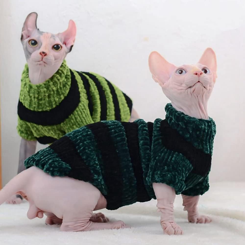 Hairless Cat Clothes, Turtleneck Cotton Knitted Striped Sweater, Suitable for Sphynx,Cornish Rex, Devon Rex, Peterbald and Various Sizes of Hairless Cat Clothes (M, Grass Green)