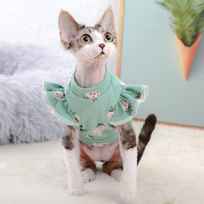 Hairless Cats Clothes, Summer Cotton Round Collar Dress T-Shirt Pet Clothes,Cats & Small Dogs Apparel,Thin Cat Wear Pullover Vest for Sphynx, Cornish Rex, Devon Rex, Peterbald (L,Green)