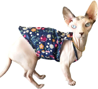 Sphynx Cat Clothes Breathable Summer Cotton Thin Camisole Sleeveless Shirt with Floral Print Strap Tank Tops Pullover Pajamas for Hairless Cats, Sphynx,Cornish Rex,Devon Rex,Peterbald (M)